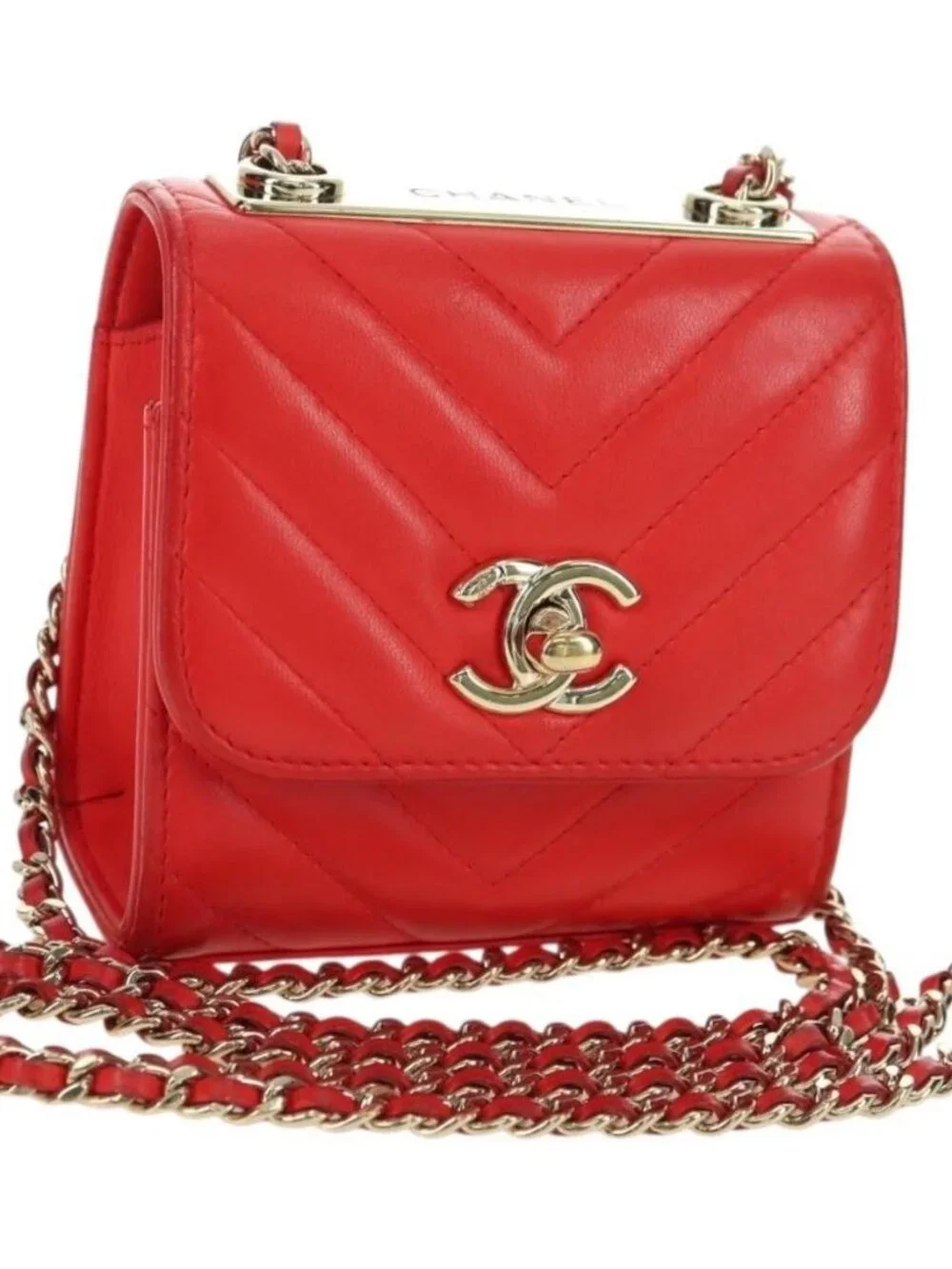 CHANEL V Stitch Shoulder Bag Lamb Skin Gold Red CC Auth bs35072M
